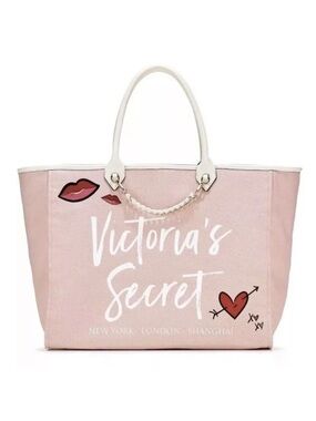 Victoria’s Secret Pink Canvas Tote Bag Heart Lips Charm Large Shopper